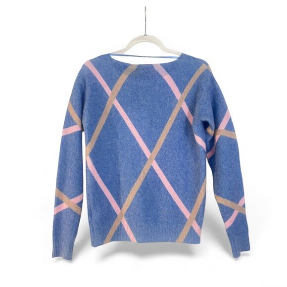 Bianco & Blu Italian Mohair Wool Blend Argyle Knit Sweater Pink Blue Tan Size S - Picture 2 of 4